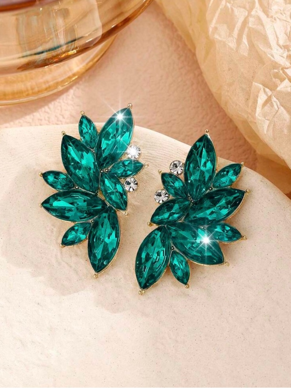 Emerald Crystal Leaf Cluster Earrings - Women Jewelry